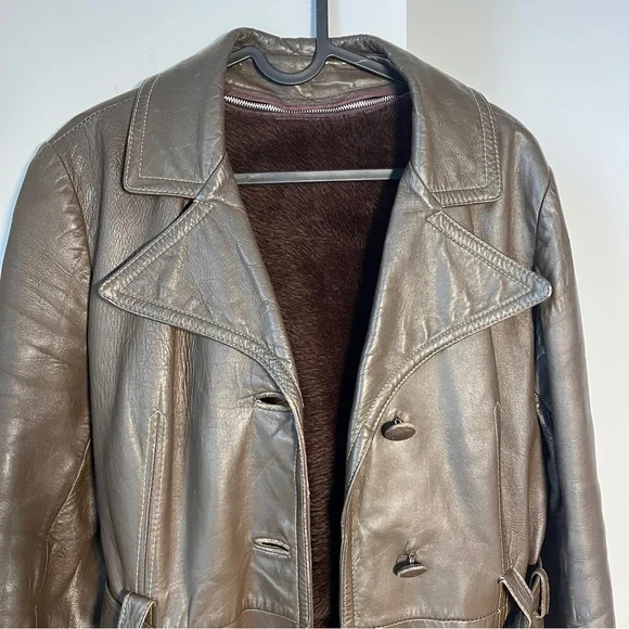 Vintage Olympic Long Leather Coat, Removable Faux Fur Liner - Picture 9 of 16